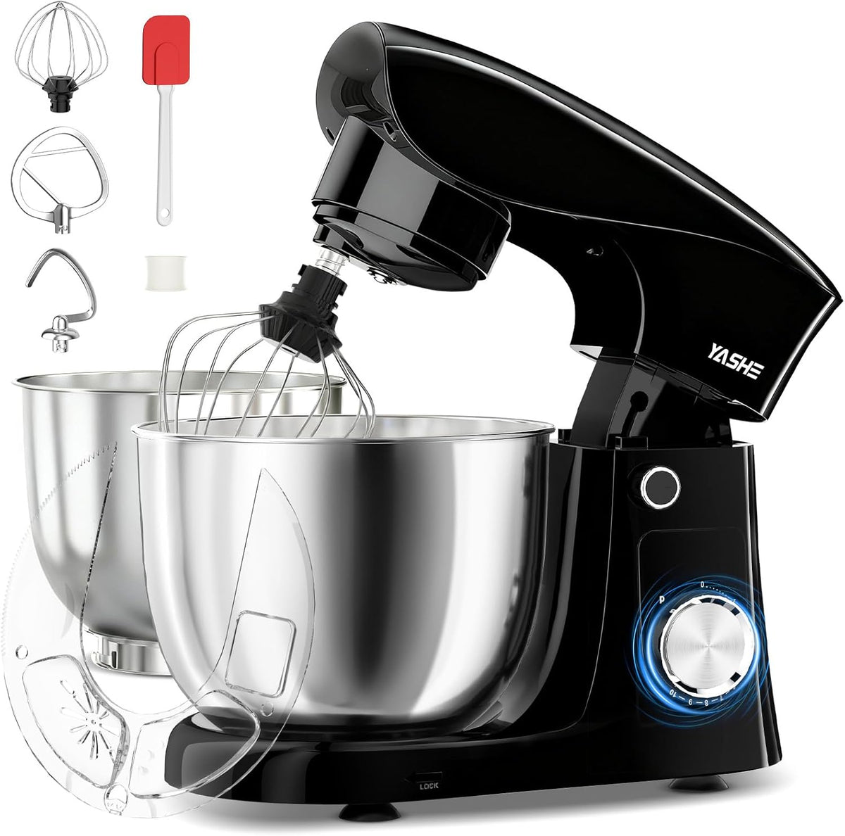 YASHE Keukenmachine, 1500 W, krachtige kneedmachine met 4,5 + 5 l roestvrijstalen kommen, 10 + P-snelheden, kantelkop, deeghaak, garde en garde