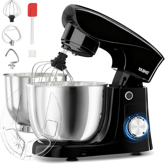 YASHE Keukenmachine, 1500 W, krachtige kneedmachine met 4,5 + 5 l roestvrijstalen kommen, 10 + P-snelheden, kantelkop, deeghaak, garde en garde