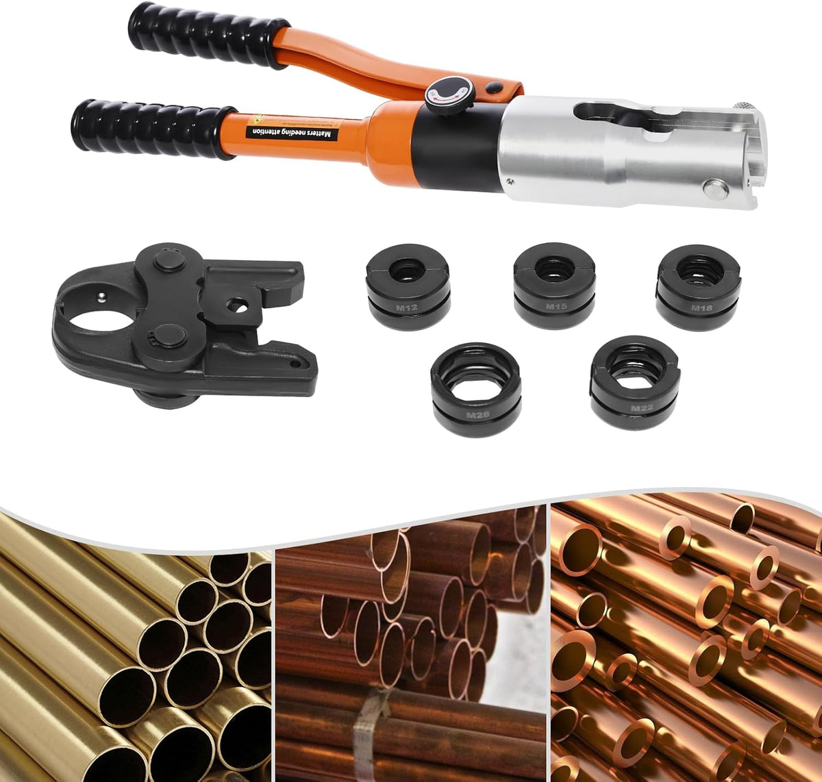 OUKANING Hydraulische krimptang 10T, met 360° draaibare kop en verwisselbare vormen (TH/U/V/M-serie), voor aluminium kunststof, PEX, koperen buizen, ergonomisch, oliedicht (M12, M15, M18, M22, M28) - QUORE