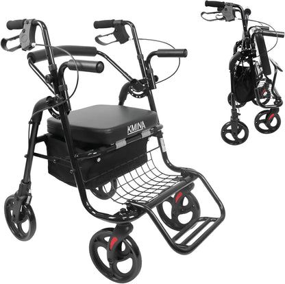 KMINA - Rollator rolstoel 2-in-1 gladde bodem, mand, senioren opvouwbaar, zwart