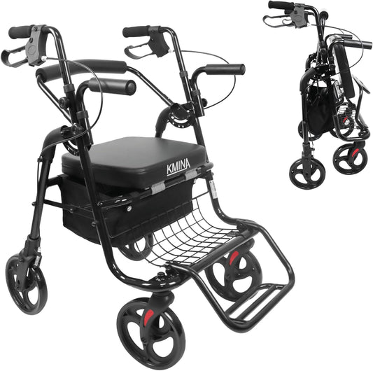 KMINA - Rollator rolstoel 2-in-1 gladde bodem, mand, senioren opvouwbaar, zwart