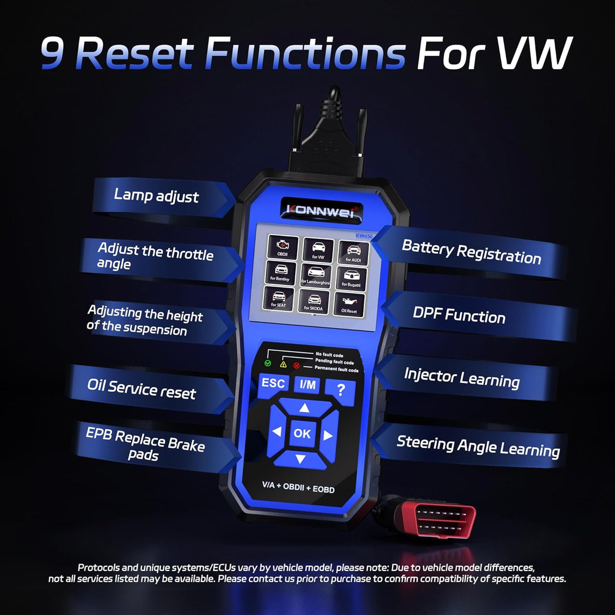 KONNWEI KW450 OBD2 all-systeem scanner met 9 speciale functies voor voertuigen VAG diagnose olie codelezer SAS EPB TPS reset injector DPF codering lamp aanpassing ophanging gereedschap