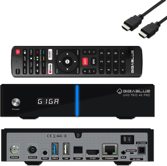 GigaBlue UHD Trio 4K PRO - 1x DVB-S2X MS + 1x DVB-C/T2 Receiver comb. sat., kabel/signaal T2, E2 Linux TV Smart TV Box, riprod. multimed, radio. PVR, 1200Mbps WiFi, HTS