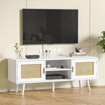 TV-meubel voor tv's tot 55 inch, rotan tv-console met 2 deuren en 2 open planken, Boho Media TV-kasten voor woonkamer, boerderij tv-units voor slaapkamer, wit