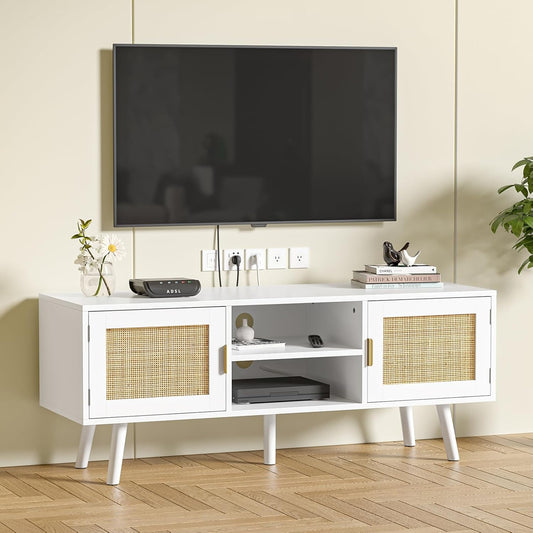 TV-meubel voor tv's tot 55 inch, rotan tv-console met 2 deuren en 2 open planken, Boho Media TV-kasten voor woonkamer, boerderij tv-units voor slaapkamer, wit
