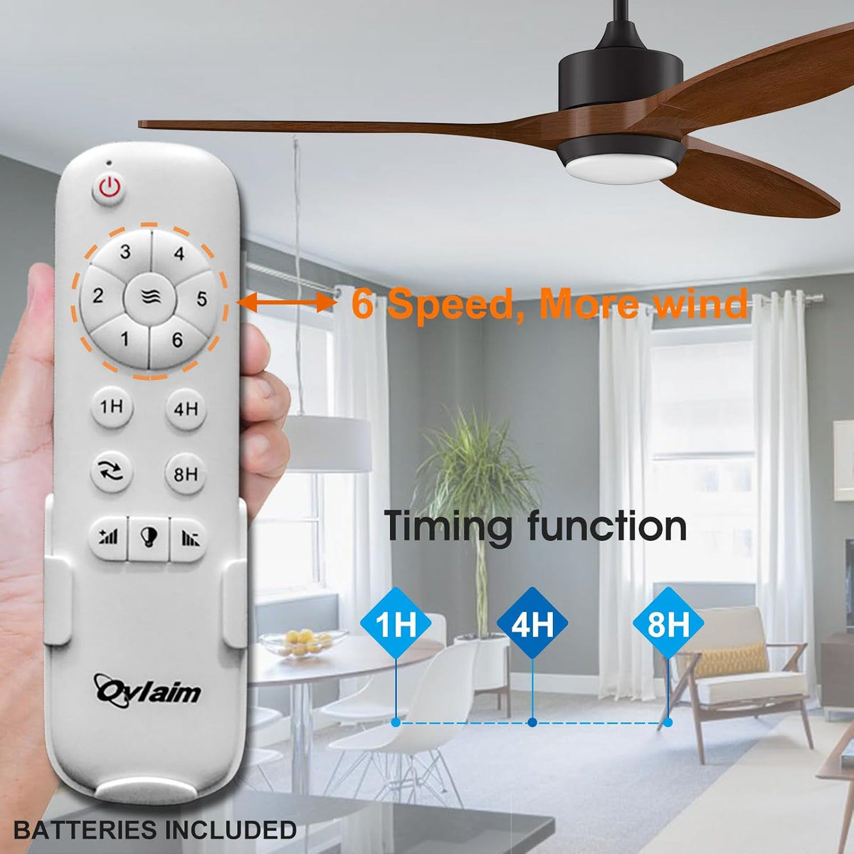 Ovlaim 132cm walnoot houten plafondventilatoren met afstandsbediening verlichting, 3-bladige propeller slimme plafondventilator voor binnen buiten, hoge luchtstroom stille DC-motor