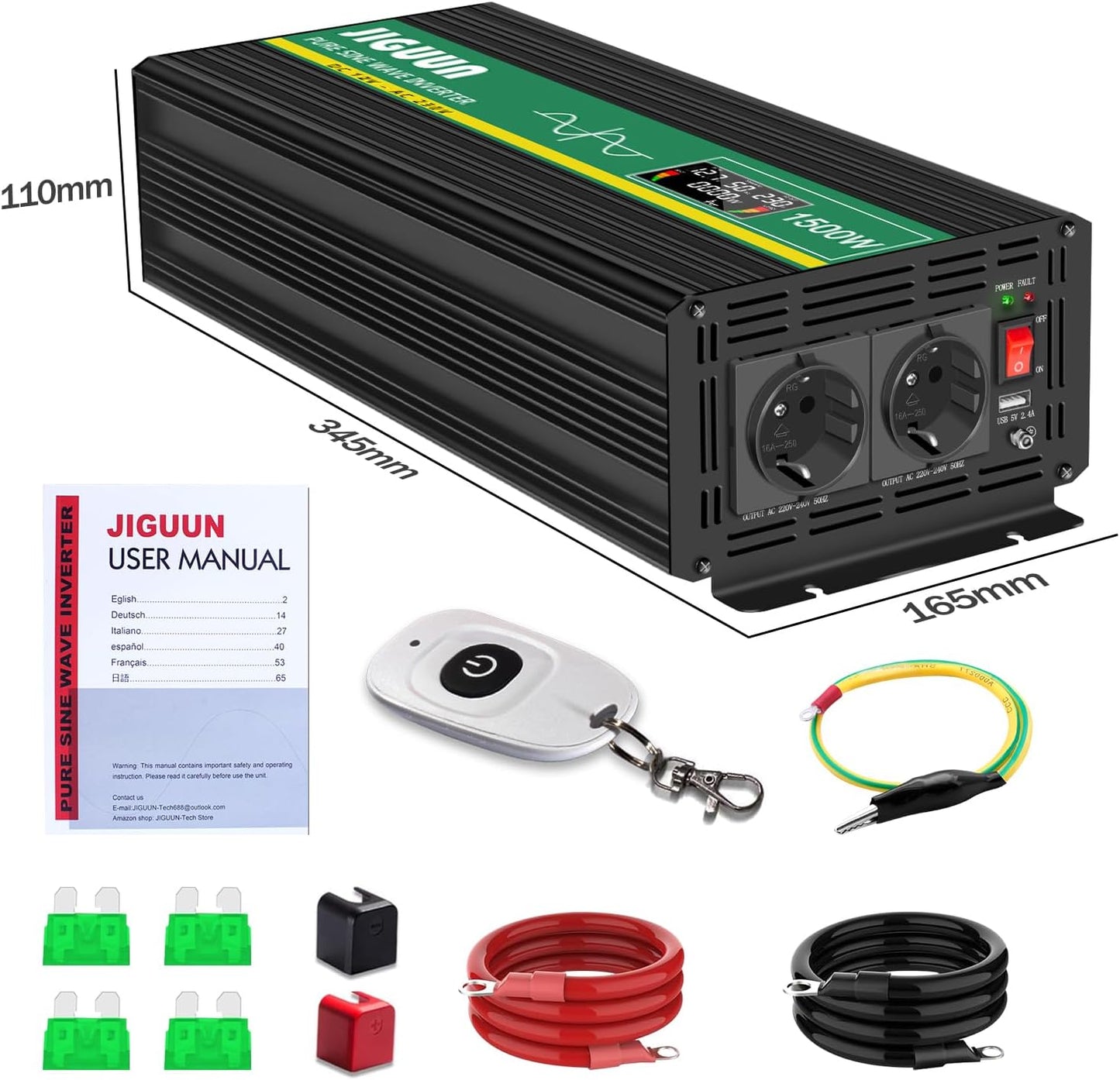 JIGUUN 1500W omvormer 12v naar 230v zuivere sinus Converter inverter met draadloze afstandsbediening LCD-scherm 2 Eu-stopcontact & 1 USB-poort Piekvermogen 3000W voor auto, camping, reizen,noodgeval