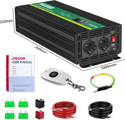 JIGUUN 1500W omvormer 12v naar 230v zuivere sinus Converter inverter met draadloze afstandsbediening LCD-scherm 2 Eu-stopcontact & 1 USB-poort Piekvermogen 3000W voor auto, camping, reizen,noodgeval