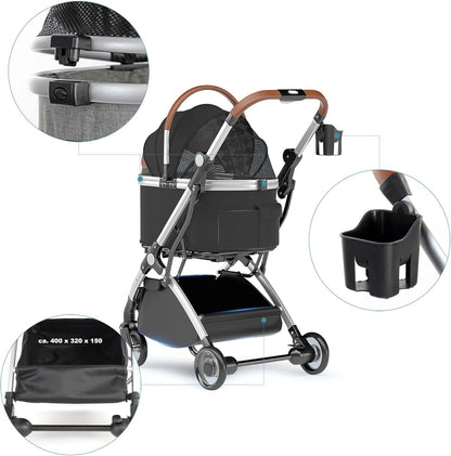 Fudajo hondenwagen 2-in-1 hondenbuggy inklapbaar zwart huisdierwagen honden met mand en plank