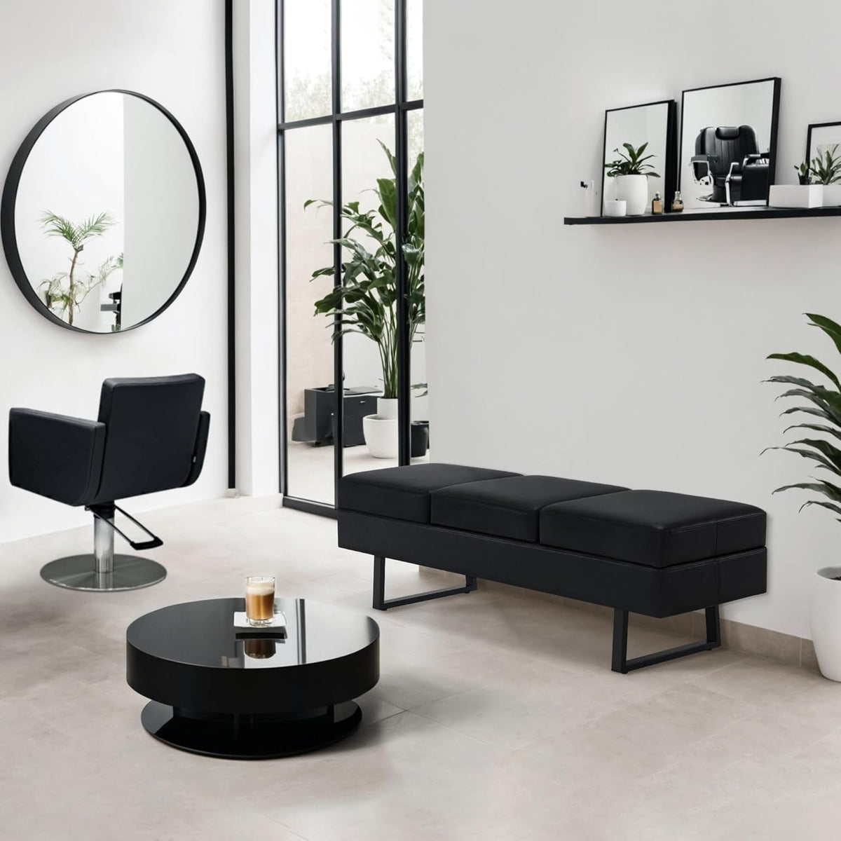 BarberPub 3 Seater Spa Salon, Width 153 cm, Wake Sofa Barber Shop, Upholstered for Bedroom, Bed for Living Room, Hairdressing Furniture W513 (Black/Faux Leather) - QUORE