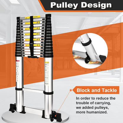 HBTower Telescopische ladder met antislipvoeten, 6,3 m verdikte aluminium uitschuifbare ladders met hoge sterkte, verstelbare hoogte, inklapbare ladder voor caravanzolders, buiten en interieur, zilver