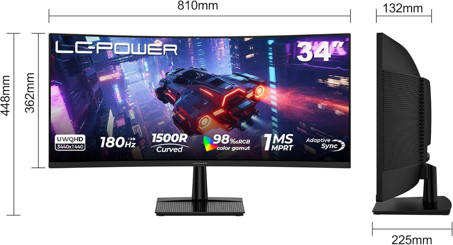 LC-POWER LC-M34QC 34 inch (86,36 cm) gebogen gaming monitor - Ultra WQHD 3440 x 1440, 180 Hz, 1ms MPRT, 1500R, VA, HDR10, Adaptive Sync, HDMI/DP, zwart