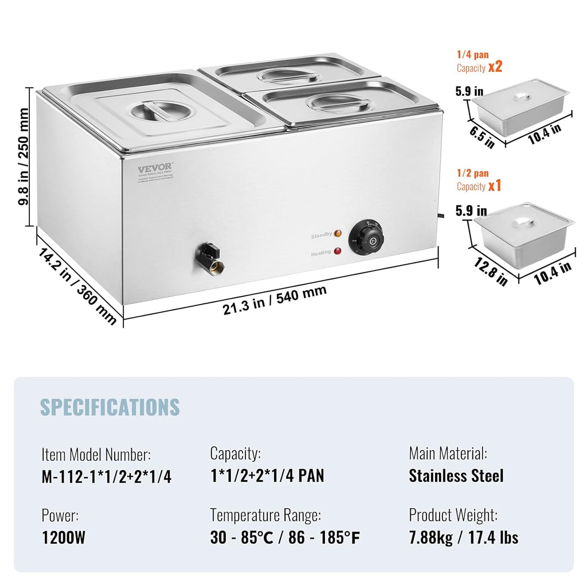VEVOR Dressoir met 3 bakken, elektrische badkuip, 16 l, 1200 W, verwarmd dressoir van roestvrij staal, instelbare temperatuur 30-85 °C, voor het verwarmen van levensmiddelen, catering, avond, feest