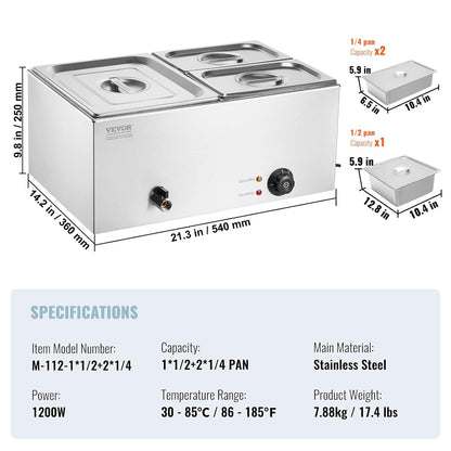 VEVOR Dressoir met 3 bakken, elektrische badkuip, 16 l, 1200 W, verwarmd dressoir van roestvrij staal, instelbare temperatuur 30-85 °C, voor het verwarmen van levensmiddelen, catering, avond, feest