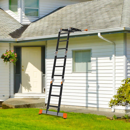 AMHANCIBLE Multifunctionele ladder, 3,4 m aluminium ladder, 4 x 3 treden, trapladder, huishoudladder, tot 150 kg, 12 treden, TÜV/GS-gecertificeerd, antislip, stabiel en robuust, Zwart Oranje EBAL01RN