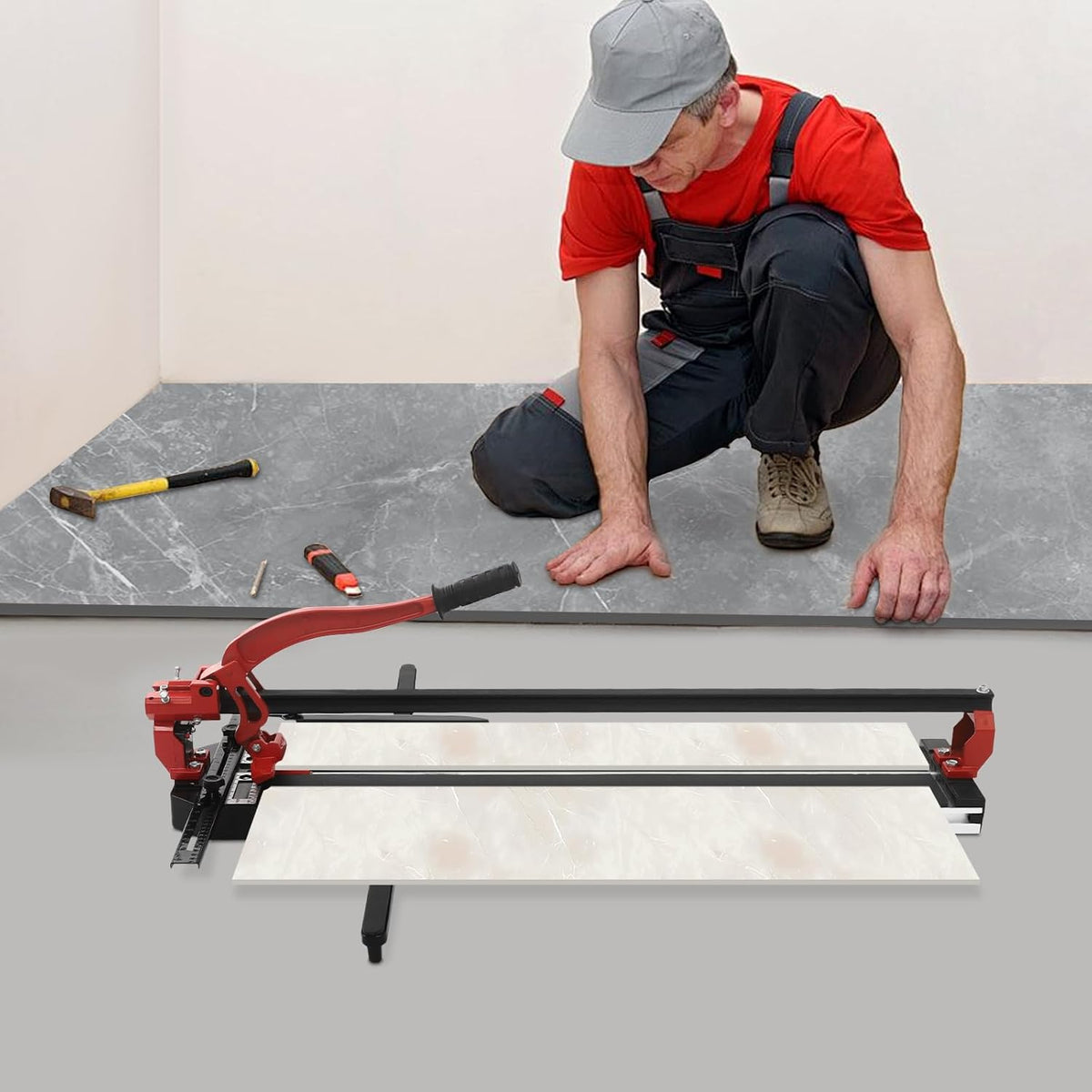 OUKANING Handmatige tegelsnijder met antislip voor nauwkeurige sneden tot 15 mm dikte, kogelgelagerde glijkop voor snel groeven en rechte sneden, voor keramiek, porselein (rood, 80 cm) - QUORE