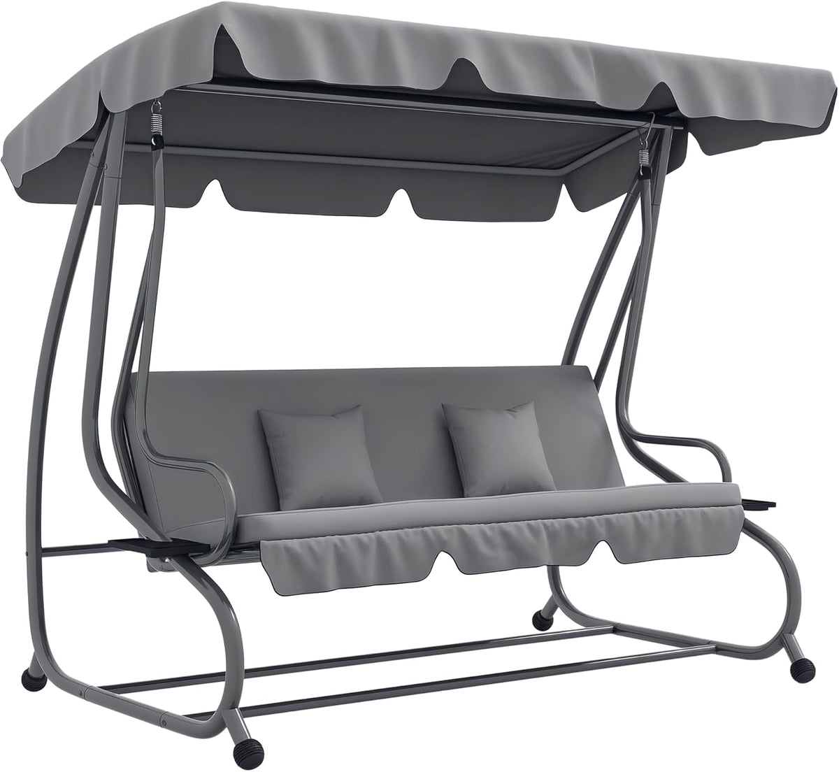 Outsunny Swing Bench, 3-Seater Garden Swing with Adjustable Roof, Cushion, Swing with Reclining Function, Folding Side Table, up to 340 kg, for Garden, Balcony, Light Grey - QUORE