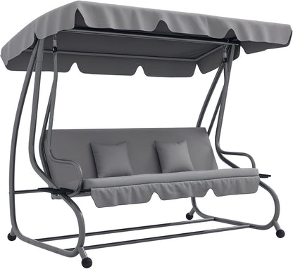 Outsunny Swing Bench, 3-Seater Garden Swing with Adjustable Roof, Cushion, Swing with Reclining Function, Folding Side Table, up to 340 kg, for Garden, Balcony, Light Grey - QUORE
