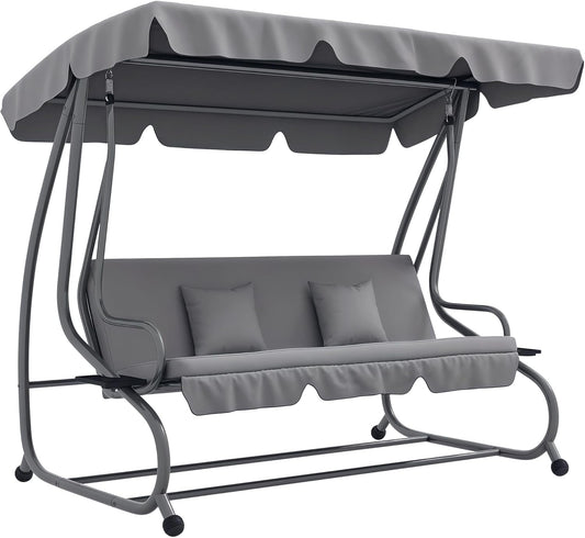 Outsunny Swing Bench, 3-Seater Garden Swing with Adjustable Roof, Cushion, Swing with Reclining Function, Folding Side Table, up to 340 kg, for Garden, Balcony, Light Grey - QUORE