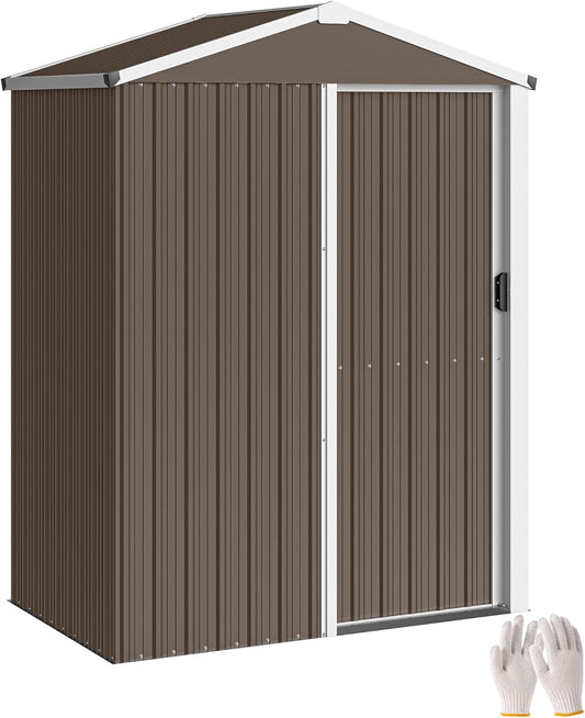 Outsunny Metal Garden Shed 1.1 m2, Tool Shed with Saddle Roof and Lockable Sliding Door, Includes Gloves, 136 x 87 x 179 cm, Weatherproof Barn for Garden Brown - QUORE