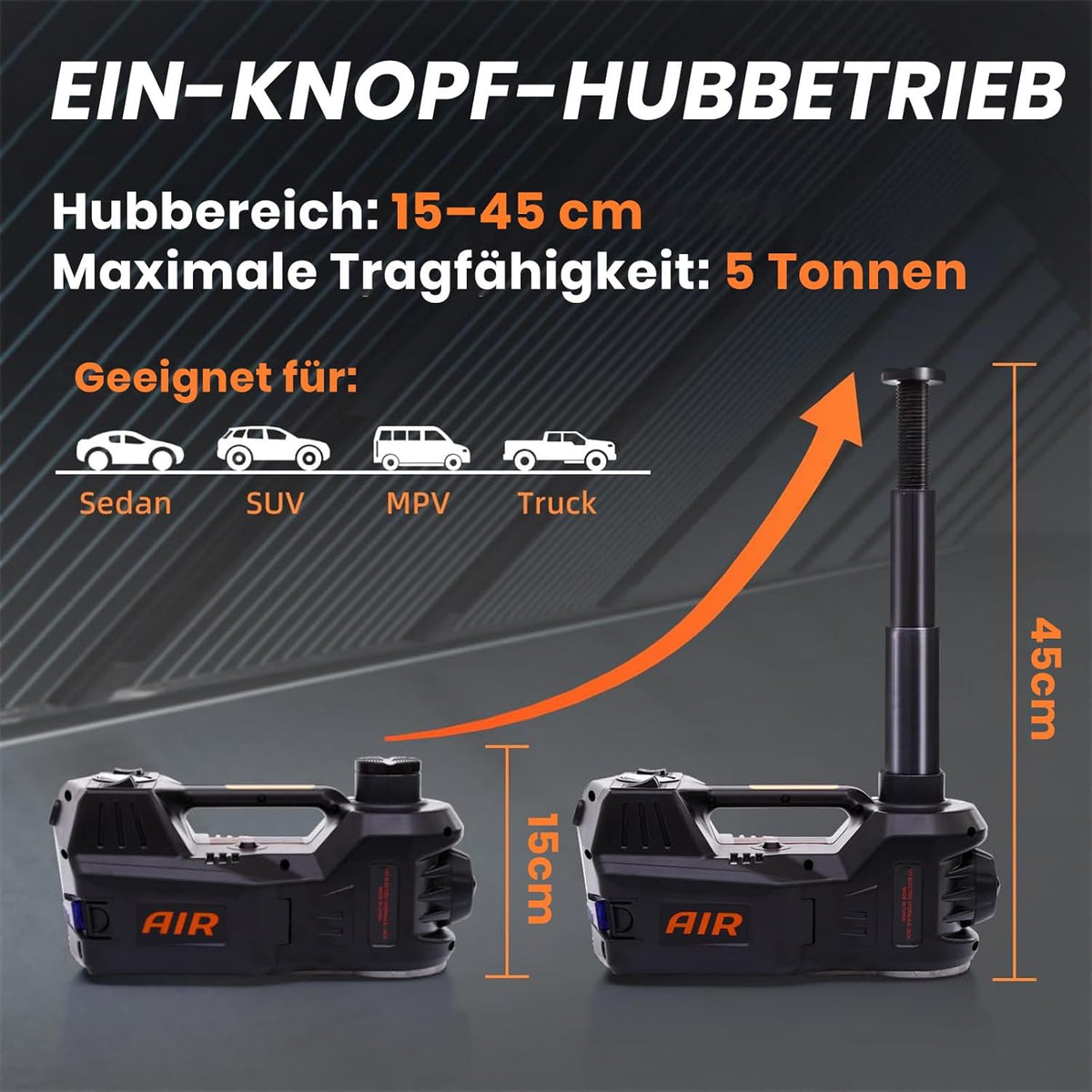 ROGTZ 5T Elektrische Hydraulische Autokrik – 4-in-1 Multifunctioneel Autokrik-Set met geïntegreerde luchtpomp, LED-licht en bandenspanningsmeter, ideaal voor SUV, PKW & LKW