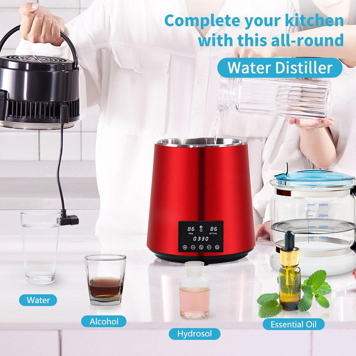 Vevor - Waterdestilleerder - Maak zuiver water - Automatische distilleerder - Filter - 4L - 304 roestvrij staal - 750W - 220V - 50Hz - Rood - QUORE