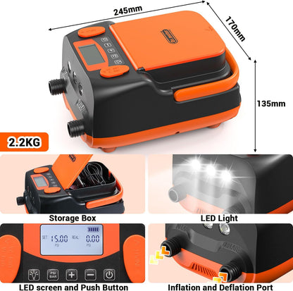 Dr.meter 6000 mAh oplaadbare elektrische SUP-pomp, SUP-pomp, elektrische accu met auto-off, kan 4 SUP's oppompen, 2 USB-aansluitingen en 3 LED-lampjes voor SUP-boards, boten, tenten, kajak