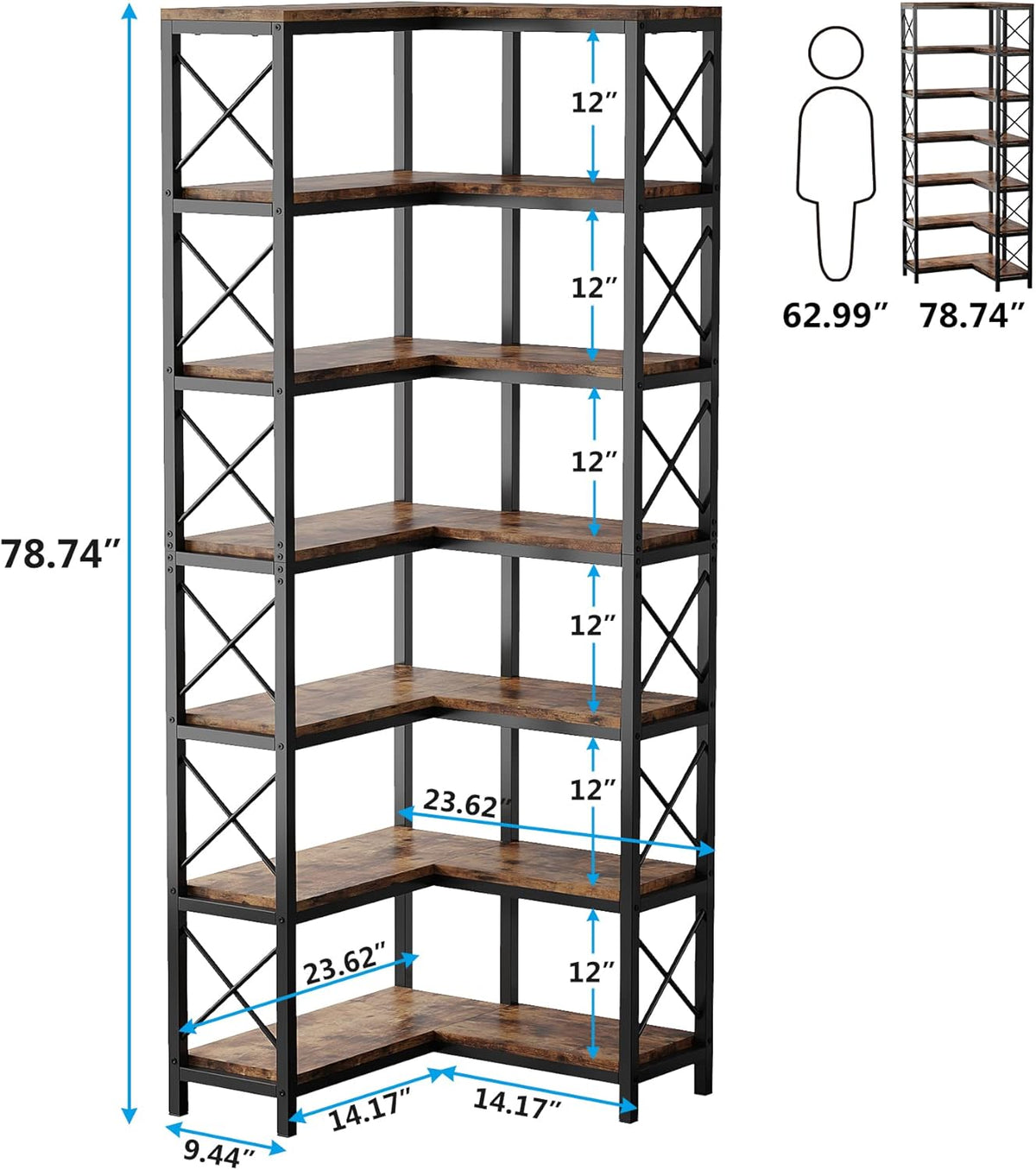 Tribesigns Corner Bookcase, Tall Bookshelf, Industrial Large Corner Shelf, Floor Standing Corner Shelf, Metal Frame Storage Rack for Living Room, Home, Office (7 Shelves)