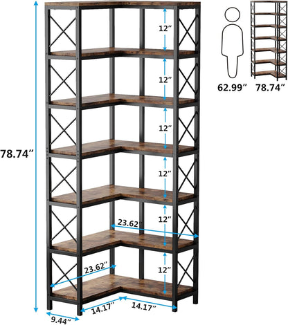 Tribesigns Corner Bookcase, Tall Bookshelf, Industrial Large Corner Shelf, Floor Standing Corner Shelf, Metal Frame Storage Rack for Living Room, Home, Office (7 Shelves)