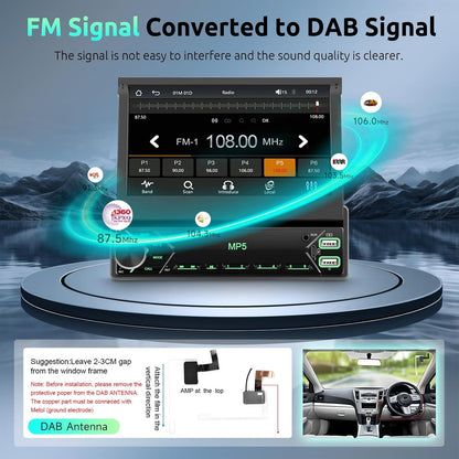 Autoradio, 1 Din met draadloze Carplay Android auto, 7 inch IPS HD, handmatige flip-touchscreen-radio, ondersteuning Bluetooth Link spiegel, DAB FM 2 USB Type-C stuurwielbedieningselementen