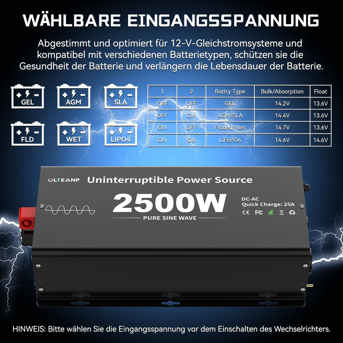 2500 W zuivere sinusomvormer met netprioriteitscircuit en laadfunctie en UPS-functie, spanningsomvormer 12 V tot 230 V, afstandsbediening met lcd-display