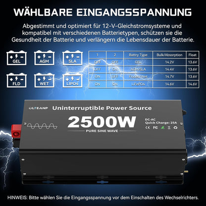 2500 W zuivere sinusomvormer met netprioriteitscircuit en laadfunctie en UPS-functie, spanningsomvormer 12 V tot 230 V, afstandsbediening met lcd-display