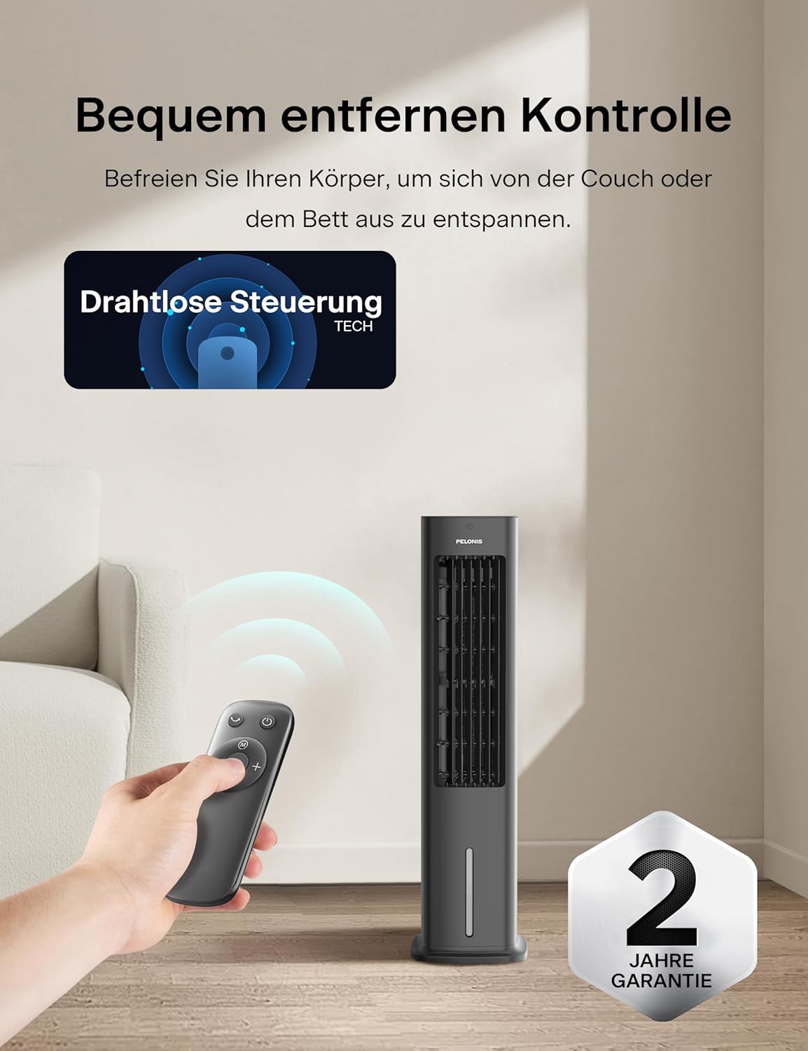 Pelonis Verdampingskoeler met afstandsbediening, 3-in-1 draagbare luchtkoeler, ventilator, luchtbevochtiger en automatische oscillatie, 3 standen, timer, 7 uur, 2 koelpads voor thuis en op kantoor