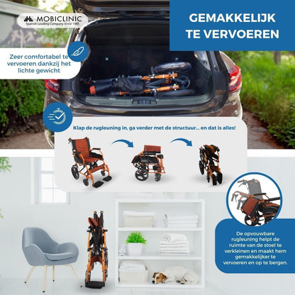 Rolstoel | Opvouwbaar | Aluminium | Rem op hendels | Voetsteun | Armleuningen | Oranje | Model: Piramide | Mobiclinic