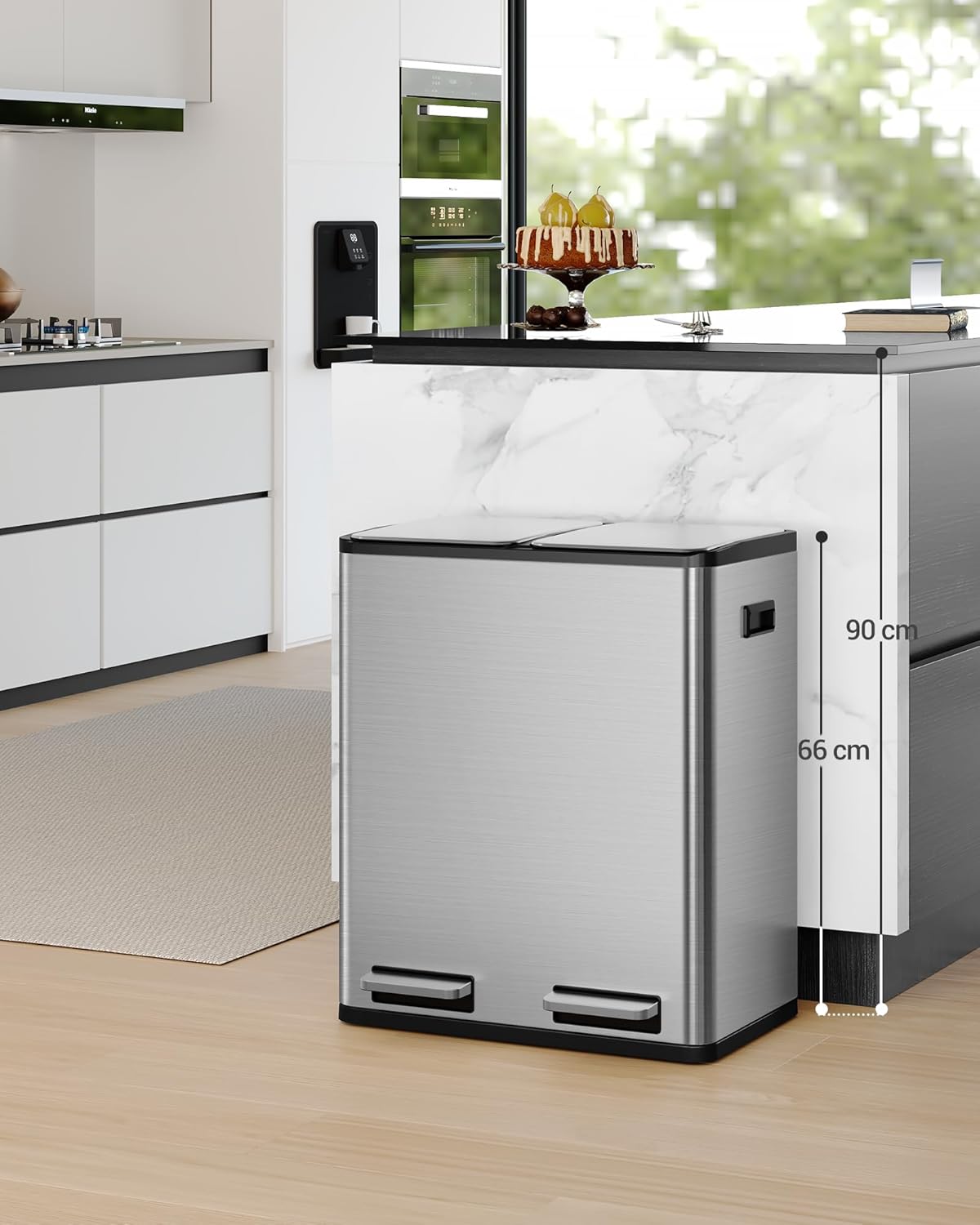 Hzuaneri Kitchen Trash Bin, Waste Separation System, 2 Compartments, 60 L (2 x 30 L), Stainless Steel Kitchen Trash Bin, Pedal Bin, Silent Slow Waste Bag, with 15 Exclusive Waste Bags, Silver
