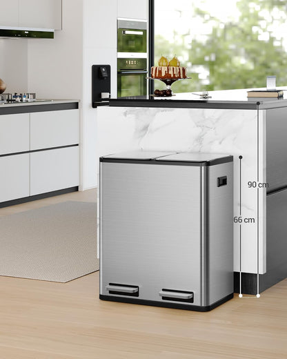 Hzuaneri Kitchen Trash Bin, Waste Separation System, 2 Compartments, 60 L (2 x 30 L), Stainless Steel Kitchen Trash Bin, Pedal Bin, Silent Slow Waste Bag, with 15 Exclusive Waste Bags, Silver