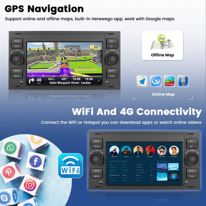 Hikity [2+64G+Zwart]radio voor Ford Transit Focus Fusion Fiesta Mondeo Kuga Galaxy C-Max S-Max, draadloze Carplay Android Auto, touchscreen autoradio met GPS WiFi achteruitrijcamera