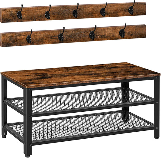 Kapstokbank – Kapstok – Garderoberek – Schoenenrek – Zitbank – 100 x 30 x 44,5 cm – Metaal En Hout – 9 Haken & Draagkracht 80 kg - QUORE