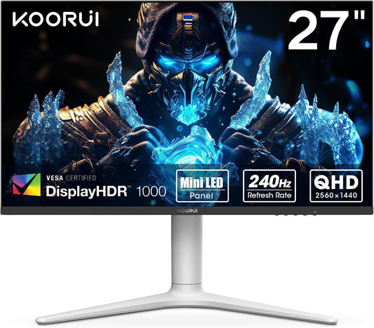 KOORUI Gaming Monitor 27 inch, 240Hz, VA Mini LED, 1ms, QHD Gaming Screen Adaptive Sync, 2xHDMI 2.0 & DisplayPort 1.4, HDR 1000, DCI-P3 95%, VESA 75 x 75 mm, Eye Care, Height Adjustable - QUORE
