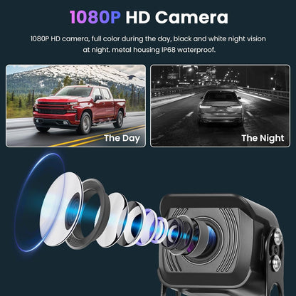 1080P achteruitrijcamera met 10,1-inch HD IPS-monitor, kentekenplaatcamera, IP68 waterdichte achteruitrijcamera met nachtzicht voor auto's, vrachtwagens, SUV's en bestelwagens, 6,5-36V