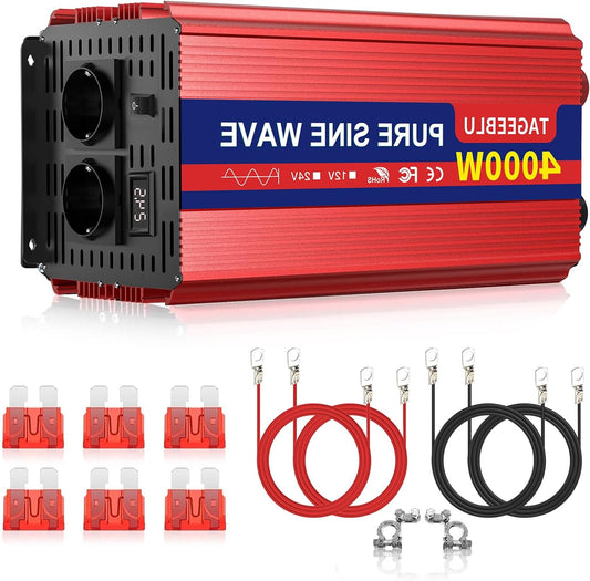 4000W Pure Sine Wave Inverter DC 24V to AC 230V Voltage Converter, Vehicle Inverter with Crocodile Clip, 2 AC Sockets and LCD Screen - QUORE