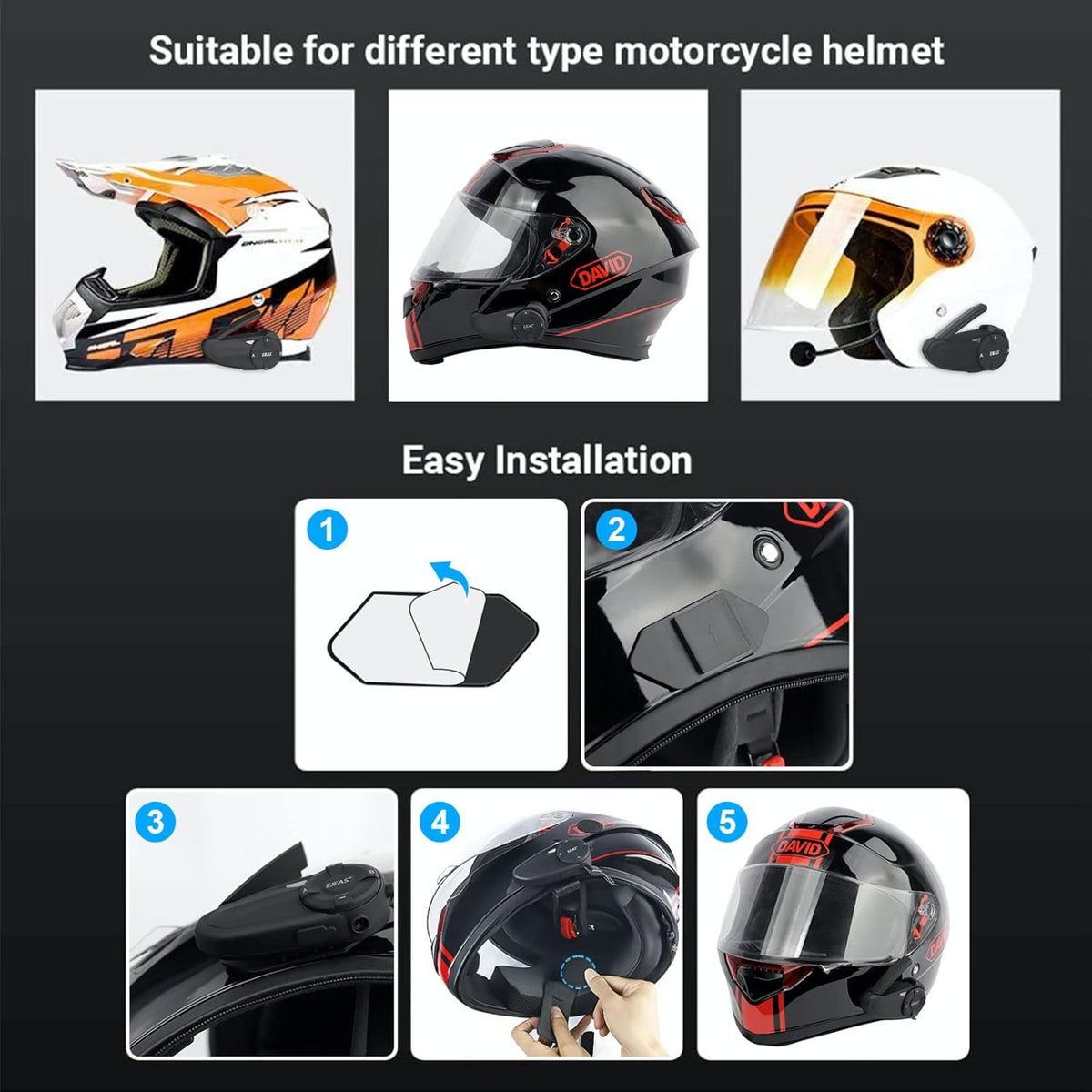 SolaMr Motorfiets Helm Headset BT5.1 Motorfiets waterdichte intercom communicatiesysteem Bluetooth Headset met SafeRiding APP, FM-radio, MP3-speler, tot 7 rijders (2 Pack)