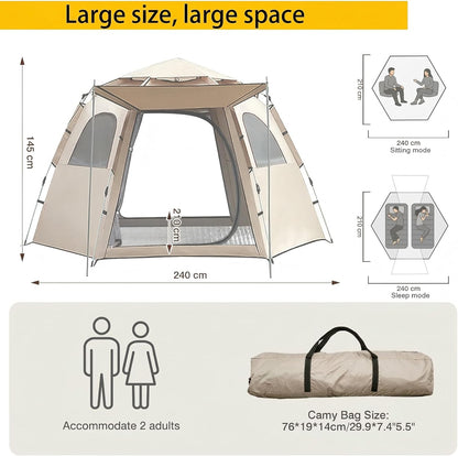 Kampeertent, automatische instanttent voor 3-4 personen, pop-up ultralichte koepeltent, 4 seizoenen, waterdicht en winddicht en zonwerend, campingtent met grote vochtbestendige pad