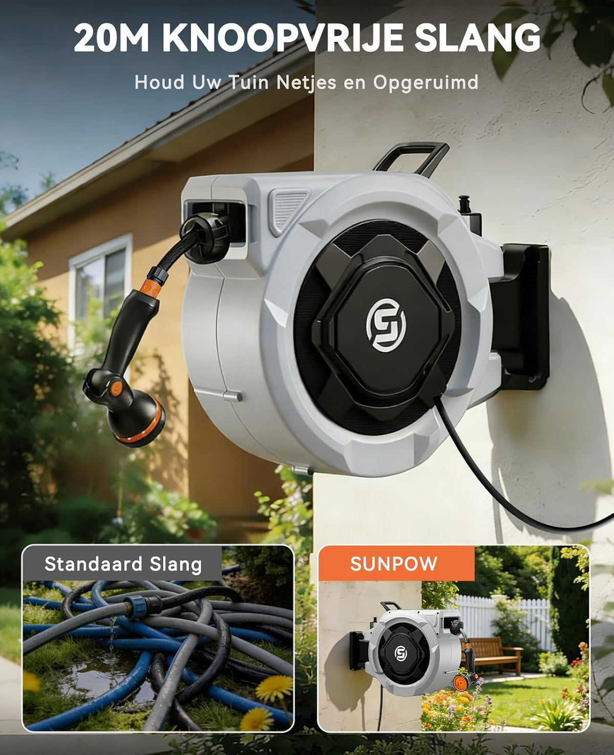 SUNPOW Slanghaspel 20m x 16mm met 10 Standen Sproeikop - Automatisch Langzaam Oprollen, op Elke Lengte te Vergrendelen, 180° Draaibare Koppelingen voor Gazon en Tuin