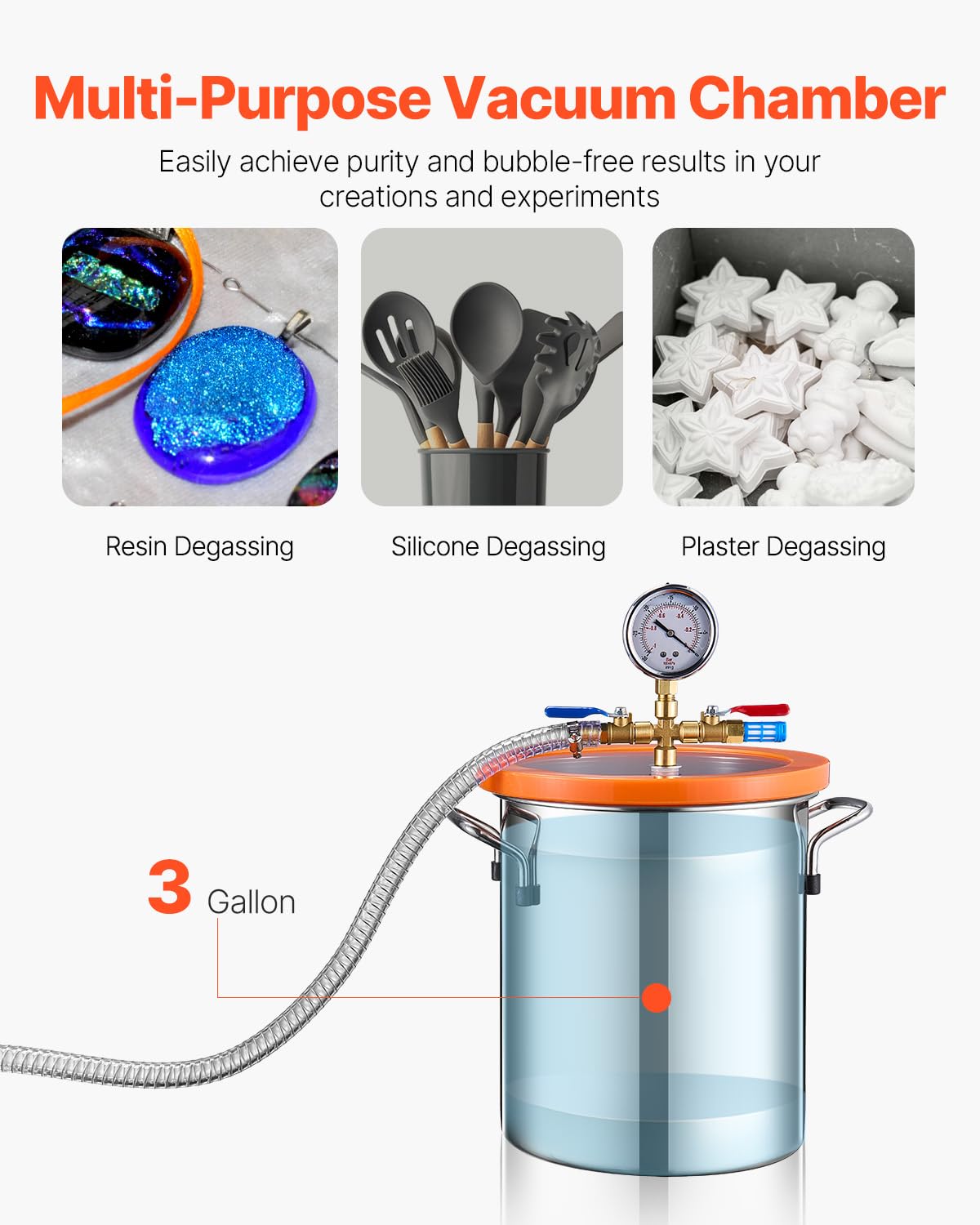 Vacuümkamer – Vacuum Chamber – Ontgassingskamer – Resin Kamer – Siliconen Kamer – 11,36 Liter Roestvrij Staal – Krachtige 3,5 CFM Mono Stage Pomp