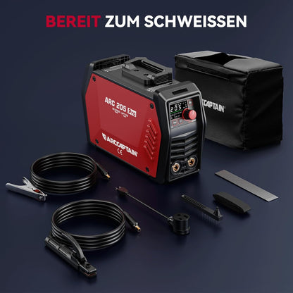 ARCCAPTAIN IControl ARC205 Pro Elektrodenlasapparaat, app-bediening, 205 ampère ARC/Lift TIG lasapparaat, led-display, IGBT inverter 230 V MMA lasapparaat met warmstart, boogkracht en anti-stick