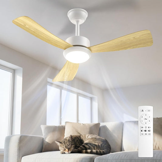 Airwit Plafondventilator met verlichting, stil, 106 cm, plafondventilator met licht en afstandsbediening, voor slaapkamer en woonkamer, lichte houtnerf