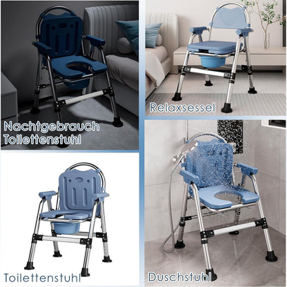Toilestoel voor Senioren – Draagbaar, Hoogte Verstelbare Toiletstoel met Gevoerde Zitting, Toiletemmer, Douchestoel, Inklapbaar, Stabiel, 200 kg, Ouderen en Mindervaliden