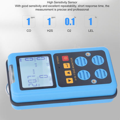 4 in 1 Gasmonitor, CO H2S O2 LEL Veelvoudige Indicator Geluidslicht, Trilling, Alarm Gaslekdetector met Achtergrondverlichting Handheld Gasdetector voor Thuis Chemisch Laboratorium