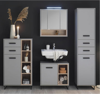 Stella Trading Tunis badkamercommode in grijs/eiken sonoma-look, badkamerkast met veel opbergruimte, houtmateriaal